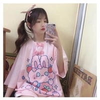 Cute Pastel Pink Sweet Rabbit Crying Strawberry Print Oversized Short Sleeve Shirt Aesthetic Casual E-Girl Kawaii Korean Japanese Harajuku - Thumbnail 6