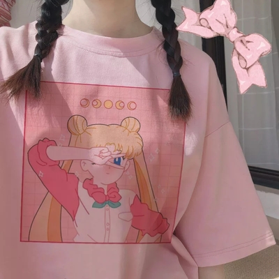 Pastel Pink Japanese Anime Girl Cartoon Print Oversized Short Sleeve Shirt 