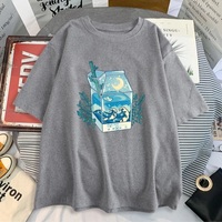 Cute Milk Box Moonlight Waves Print Crewneck Oversized Short Sleeve Shirt Aesthetic Casual E-Girl Kawaii Korean Japanese Harajuku - Thumbnail 4