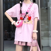 Cute Sweet Pastel Pink Anime Girl Strawberry Print Loose Short Sleeve Shirt Aesthetic Casual E-Girl Kawaii Korean Japanese Harajuku - Thumbnail 4