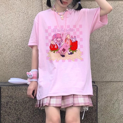 Cute Sweet Pastel Pink Anime Girl Strawberry Print Loose Short Sleeve Shirt Aesthetic Casual E-Girl Kawaii Korean Japanese Harajuku