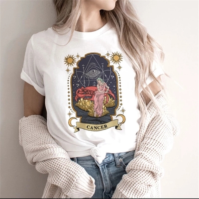 Cute Retro Tarot Card Cresent Moon Sun Print Loose Short Sleeve Shirt Aesthetic Casual E-Girl Kawaii Korean Japanese Harajuku