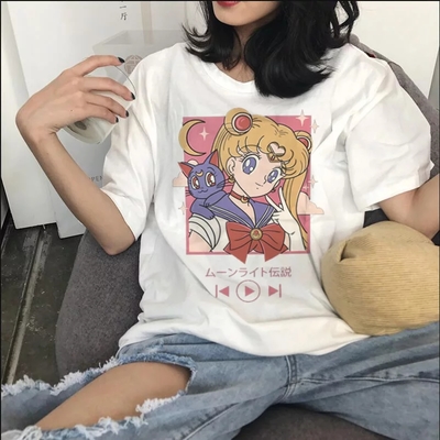 Cute japanese anime girl cartoon print loose short sleeve shirt aesthetic casual e-girl kawaii korean japanese harajuku - Thumbnail 3