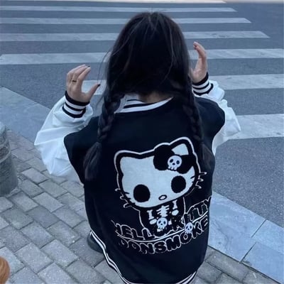 Cute kitty cat cartoon black oversize zipper jacket hoodie sweatshirt pullover vintage aesthetic casual e-girl kawaii korean japanese harajuku - Thumbnail 4