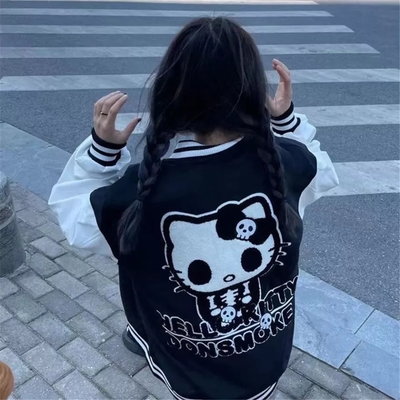 Cute Kitty Cat Cartoon Black Oversize Zipper Jacket Hoodie Sweatshirt Pullover Vintage Aesthetic Casual E-Girl Kawaii Korean Japanese Harajuku
