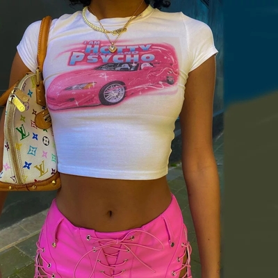 Cute 90s Vintage Hot Pink Car Print White Short Sleeve T-shirt Crop Top Aesthetic Casual E-Girl Kawaii Korean Japanese Harajuku