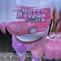 Cute 90s Vintage Hot Pink Car Print White Short Sleeve T-shirt Crop Top Aesthetic Casual E-Girl Kawaii Korean Japanese Harajuku - Thumbnail 2