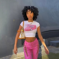 Cute 90s Vintage Hot Pink Car Print White Short Sleeve T-shirt Crop Top Aesthetic Casual E-Girl Kawaii Korean Japanese Harajuku - Thumbnail 4