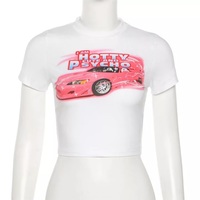 Cute 90s Vintage Hot Pink Car Print White Short Sleeve T-shirt Crop Top Aesthetic Casual E-Girl Kawaii Korean Japanese Harajuku - Thumbnail 6