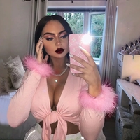 Cute Sexy Pink Cotton Cross Bow Tie V Neck Crop Top Long Sleeve Shirt Top Fur Club Part Summer Aesthetic Casual E-Girl Kawaii Korean Japanese Harajuku - Thumbnail 1