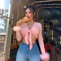 Cute Sexy Pink Cotton Cross Bow Tie V Neck Crop Top Long Sleeve Shirt Top Fur Club Part Summer Aesthetic Casual E-Girl Kawaii Korean Japanese Harajuku - Thumbnail 2