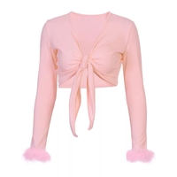 Cute Sexy Pink Cotton Cross Bow Tie V Neck Crop Top Long Sleeve Shirt Top Fur Club Part Summer Aesthetic Casual E-Girl Kawaii Korean Japanese Harajuku - Thumbnail 4