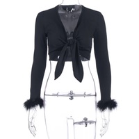 Cute Sexy Pink Cotton Cross Bow Tie V Neck Crop Top Long Sleeve Shirt Top Fur Club Part Summer Aesthetic Casual E-Girl Kawaii Korean Japanese Harajuku - Thumbnail 7