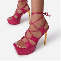 Straps Rope Stiletto Heel Suede Open-toe Back Zipper High Heel Sandals Q-0069 - Thumbnail 2