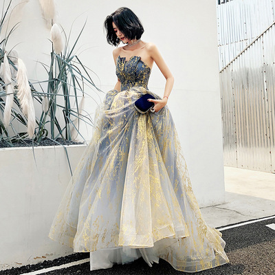 Blue tulle long ball gown dress formal dress,687