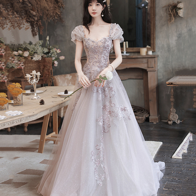 Cute tulle sequins long prom dress evening dress - Thumbnail 3
