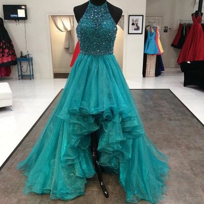 Beaded halter organza ruffles high low prom dresses,halter neck teal organza high low crystal party gown，1247