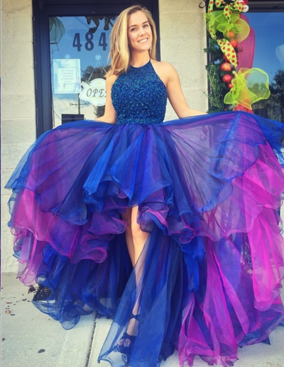 Sleeveless Halter Neck Royal Blue Crystal Organza Prom Dresses,Tulle Evening Dress,Beaded High Low Prom Gowns,Long Party Gown，1032