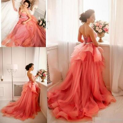 Strapless long coral organza elegant prom dress sweetheart neckline prom dresses rhinestones prom dress,a line prom dress prom dresses，1248 - Thumbnail 1