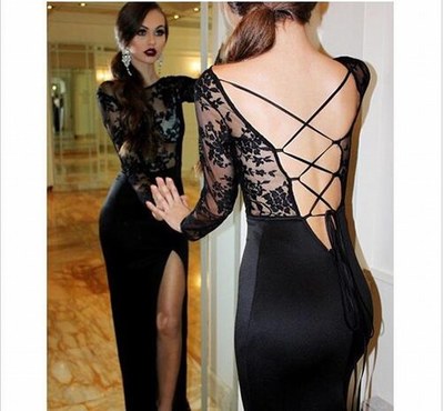 Sexy Black Lace Split Prom Dress,Long Sleeves slim Party dress,charming Floor Length Evening Wear For Women,Formal occasion evening dresses，1250