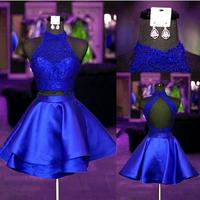 Halter Lace Crop Top Satin Homecoming Dresses Short Prom Dress Two Piece,Royal Blue Two Piece Lace Short Prom Gown,Short Lace Homecoming Gown，1252 - Thumbnail 2