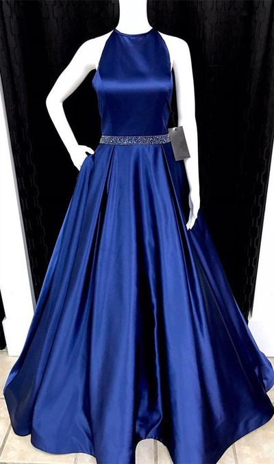 Navy blue prom dress,ball gowns prom dress,satin prom dress,halter evening dress,open back dresses，1254