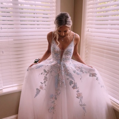 White a-line v neck tulle prom dress,lace prom dress,1256