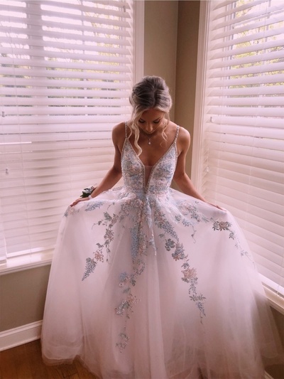 White A-line V Neck Tulle Prom Dress,Lace Prom Dress,1256