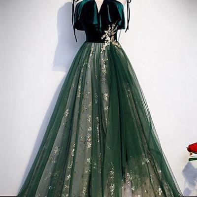 Spaghetti straps tulle lace green prom dress, floor length lace up formal dress,1262