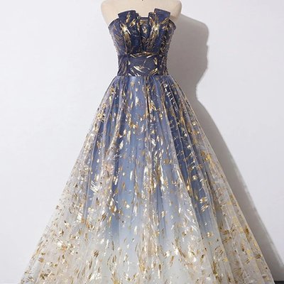 A line blue tulle strapless long prom dress, floor length graduation dresses,1263