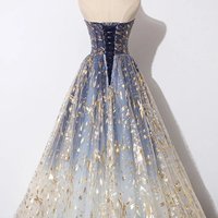 A Line Blue Tulle Strapless Long Prom Dress, Floor Length Graduation Dresses,1263 - Thumbnail 1