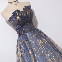 A Line Blue Tulle Strapless Long Prom Dress, Floor Length Graduation Dresses,1263 - Thumbnail 2