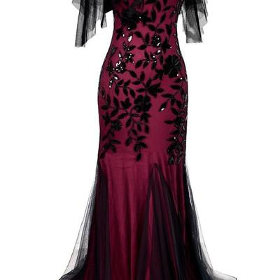 Classy scoop neckline long black sequin lace prom dresses,1264