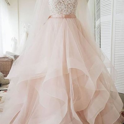 Blush pink lace wedding dresses multi-layered wedding gowns with ribbon,1265 - Thumbnail 2