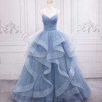 Blue Tulle Long Prom Dress Blue Evening Gown - Thumbnail 4