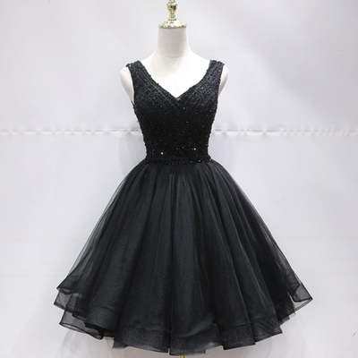 Black v neck beads short prom dress homecoming dress - Thumbnail 3