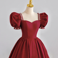 Burgundy satin long prom gown formal gown - Thumbnail 1