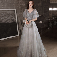 Gray tulle sequins long prom dress evening gown - Thumbnail 2