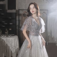 Gray tulle sequins long prom dress evening gown - Thumbnail 5