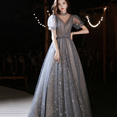 Gray tulle sequins long prom dress evening dress - Thumbnail 2