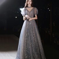 Gray tulle sequins long prom dress evening dress - Thumbnail 1