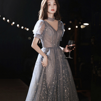 Gray tulle sequins long prom dress evening dress - Thumbnail 3