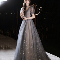 Gray tulle sequins long prom dress evening dress - Thumbnail 5