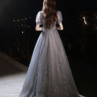 Gray tulle sequins long prom dress evening dress - Thumbnail 6