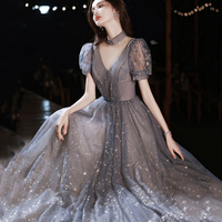 Gray tulle sequins long prom dress evening dress - Thumbnail 8