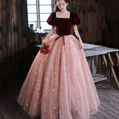 Cute velvet tulle long prom dress a line evening gown