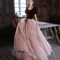 Cute velvet tulle long prom dress A line evening gown - Thumbnail 1