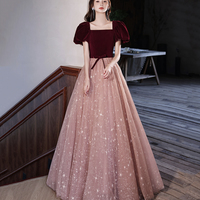 Cute velvet tulle long prom dress A line evening gown - Thumbnail 2