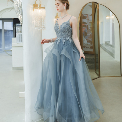 Blue tulle lace long prom dress blue evening gown - Thumbnail 3