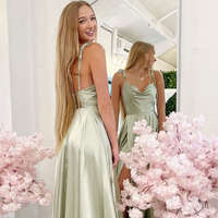 Sage Green Prom Dress with Spaghetti Straps, High Slit Senior Party Dresses - Thumbnail 2
